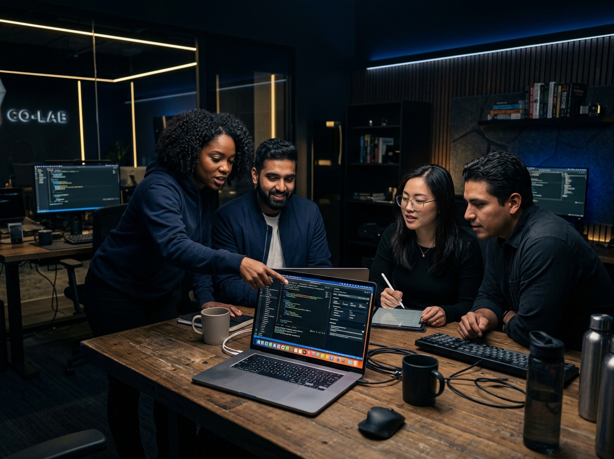 Sophitonix team collaborating around a laptop